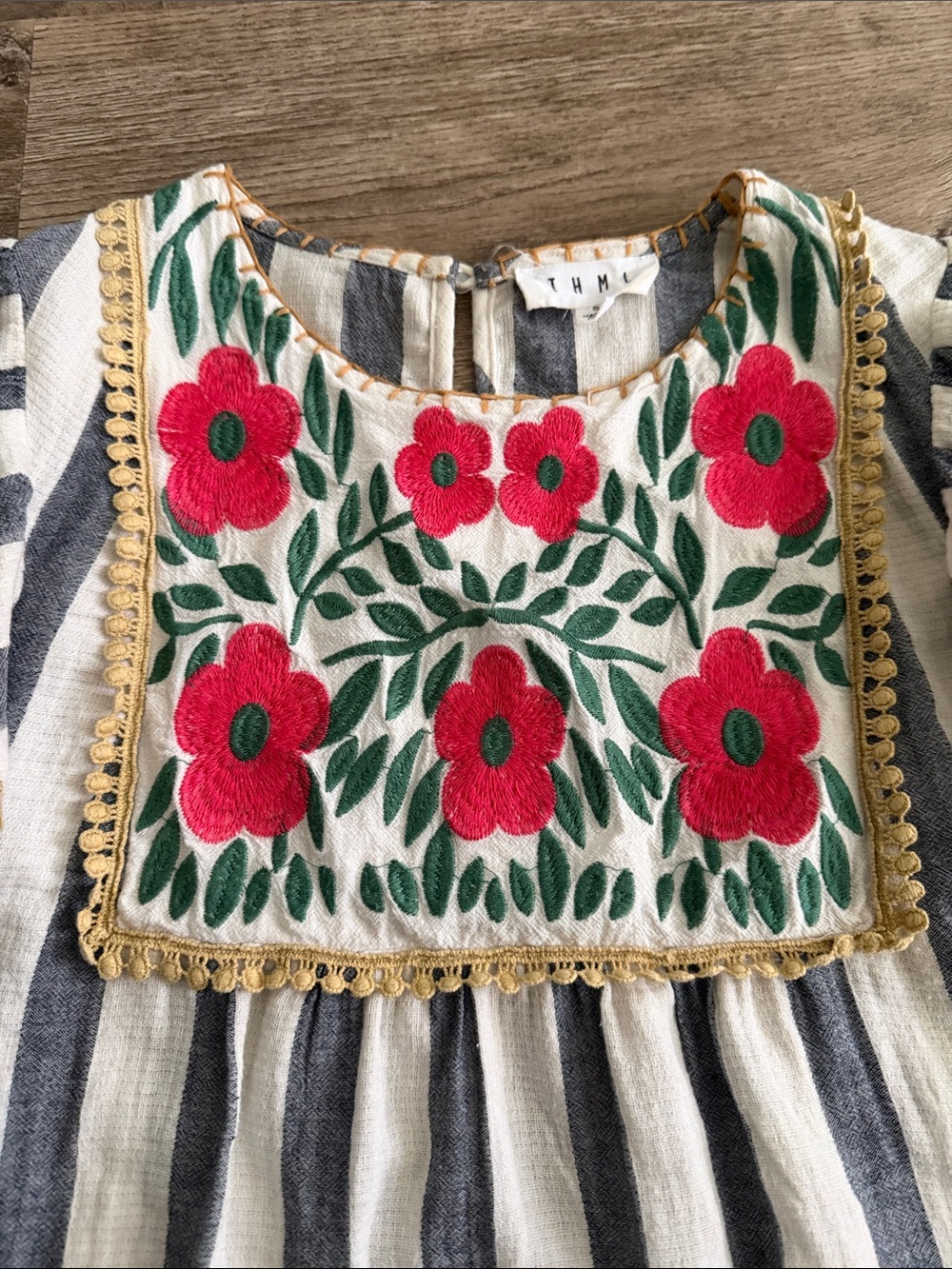 THML White and Navy Striped Embroidered Floral Yoke Blouse - Picture 2 of 4